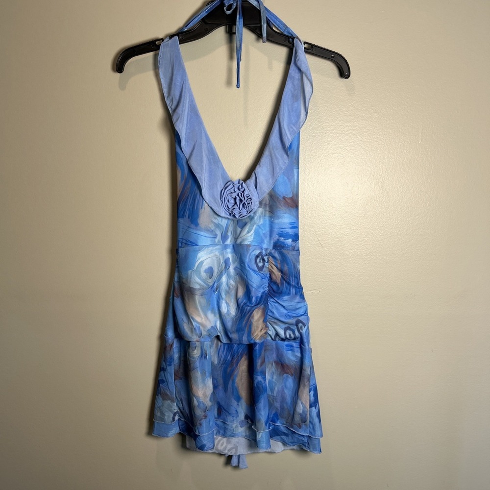 Y2K Unbranded Deep V Boho Babydoll Halter Top style, Blue, backless Size small